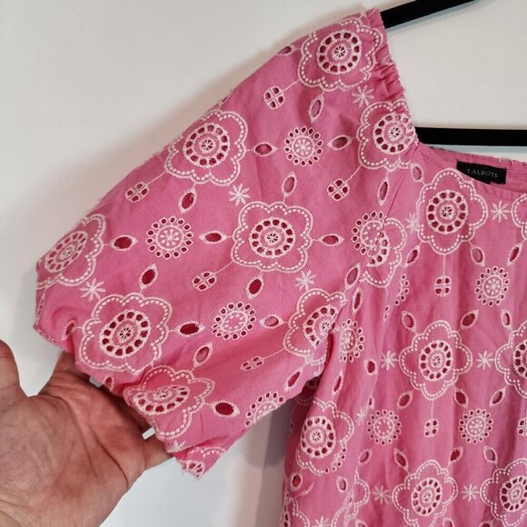 Talbots Puff Sleeve Pink Embroidered Eyelet Dress Shift Dress Preppy Boho sz‎ 6 - Picture 5 of 13